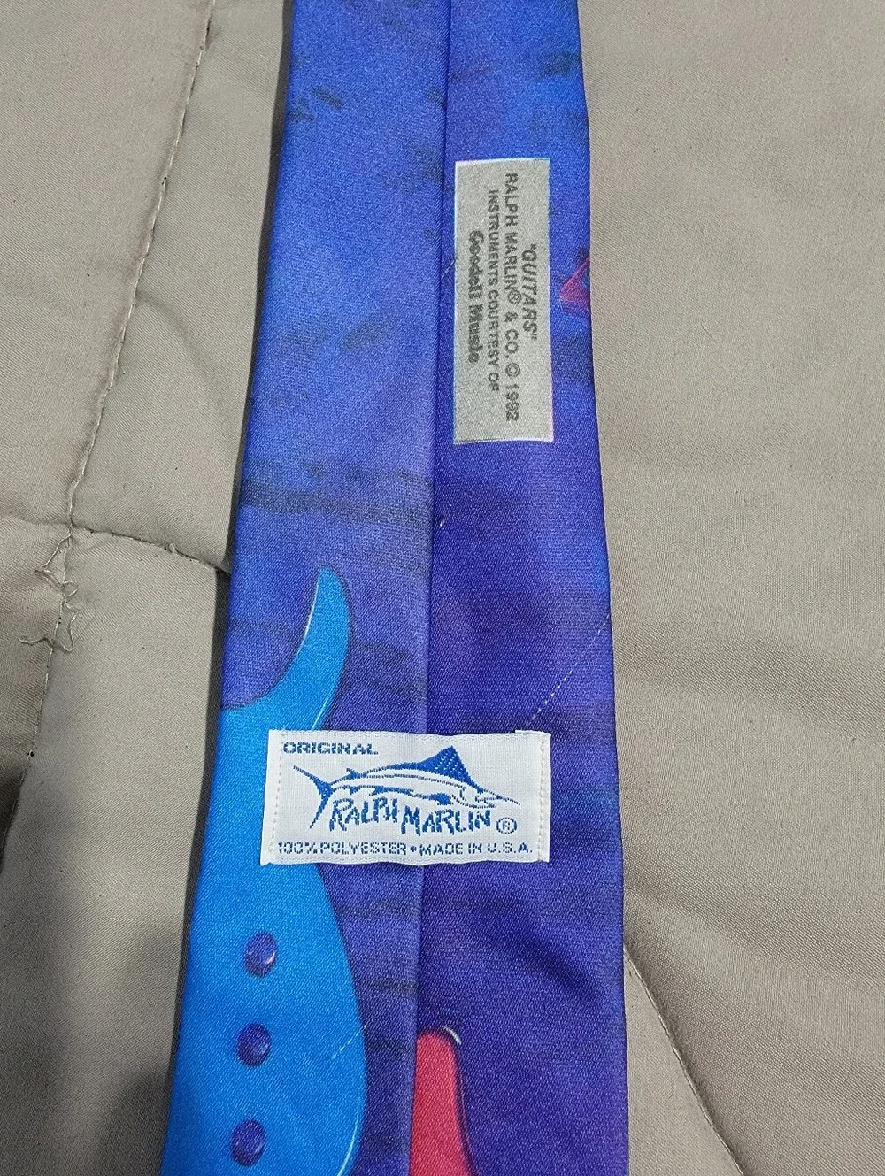 Vintage 1990s Ralph Marlin Blue & Purple Electric Guitar Print Necktie